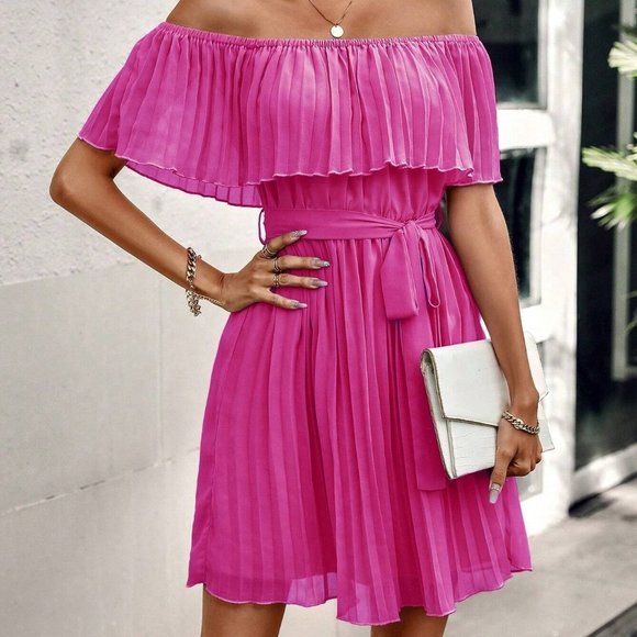 Hot Pink Casual Womens Off Shoulder Pleated Belted Dress - Picture 1 of 5